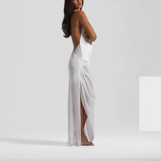 Deep V-neck Backless Sexy Asymmetrical Ruffled Dress
