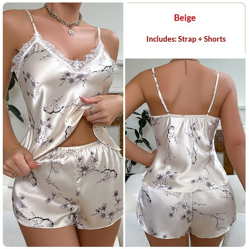 Ice-silk Top And Shorts Two-piece Loungewear Set