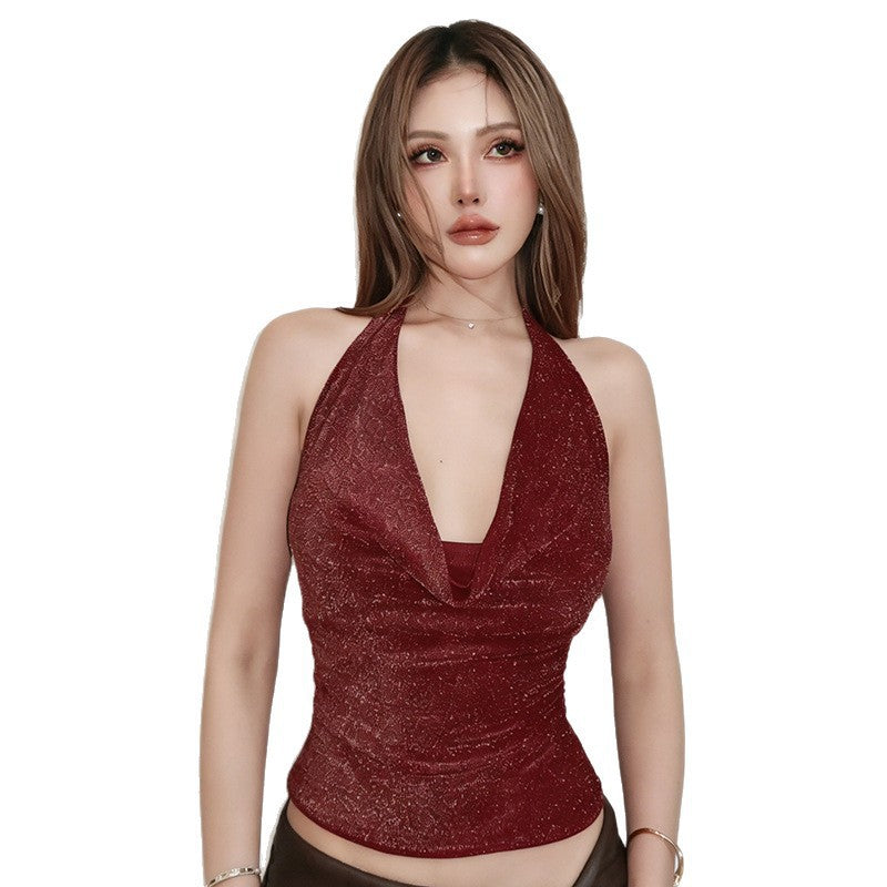Low-cut Plunging Neckline Shiny Silk Halter