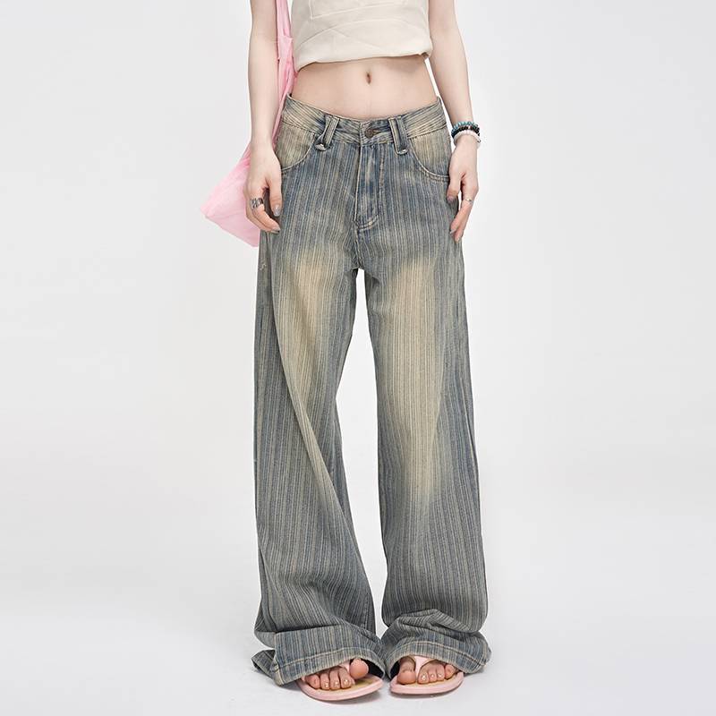 Retro Light-colored Distressed Low-rise Striped Jeans