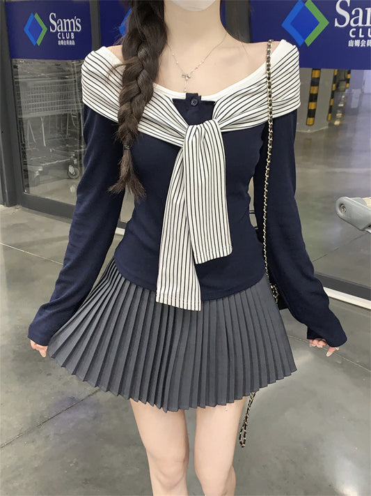 Fashion Striped Lace-up Long Sleeve T-shirt Women