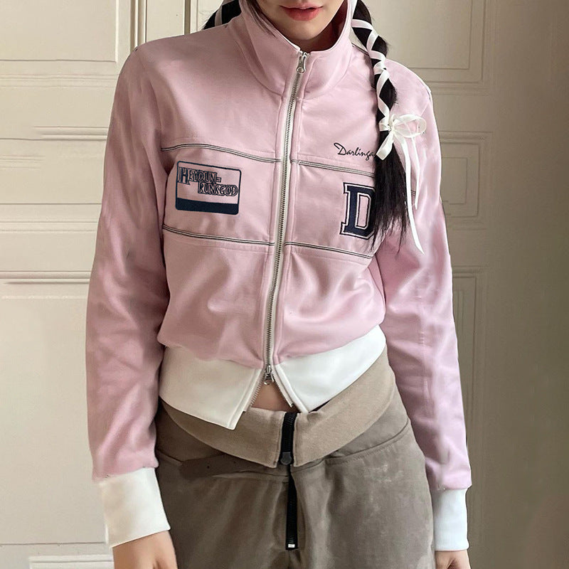 American Retro Color Matching Double Zipper Head Loose Jacket