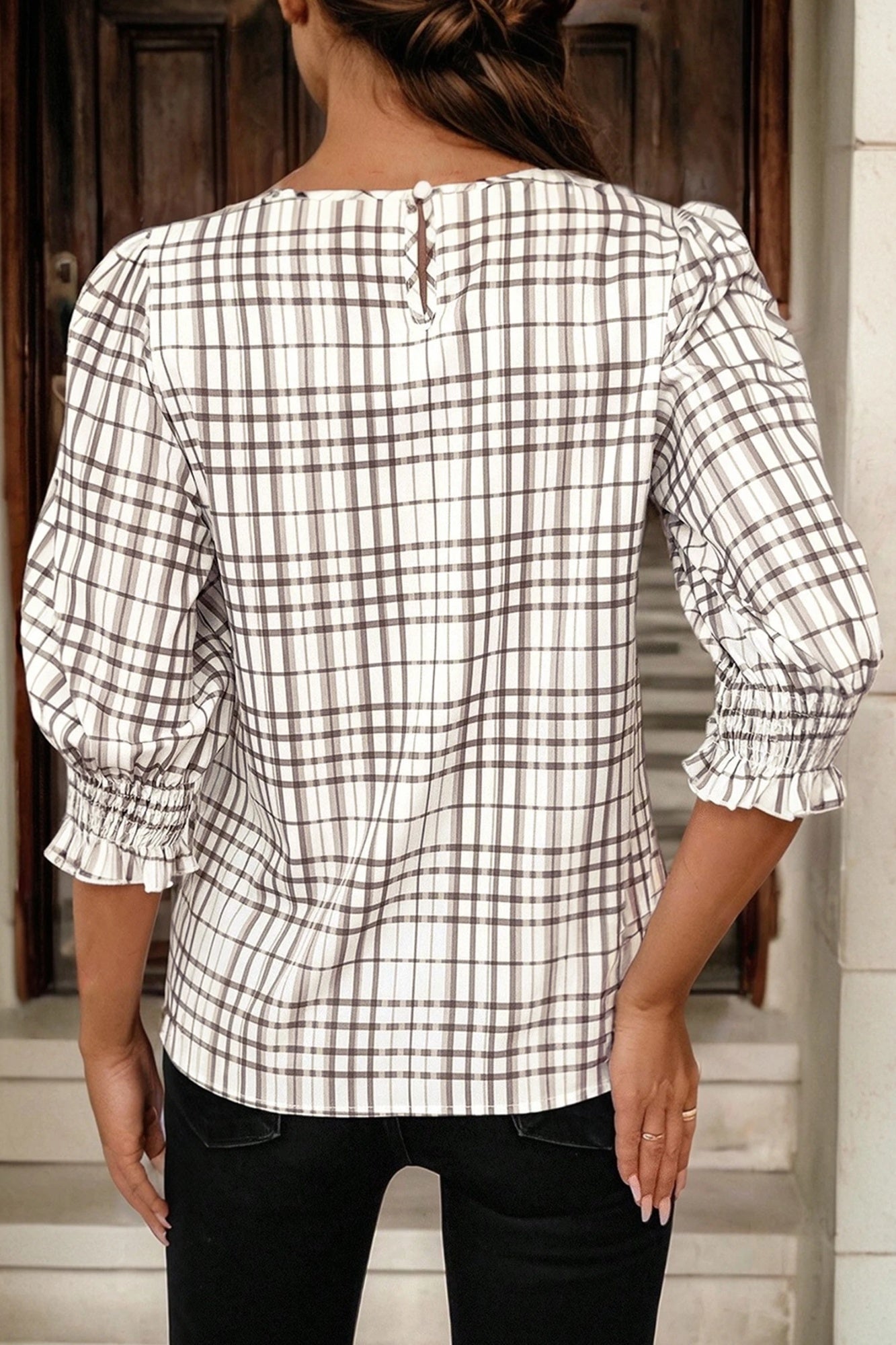 White Plaid Printed Ruffle Puff Half-Sleeve Shirt