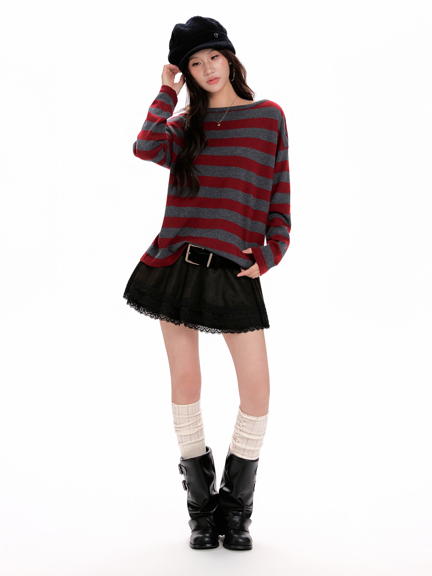 Women's Red-striped Long-sleeve Knit Sweater