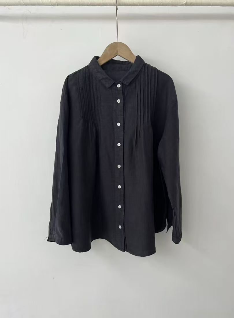 Skjorte med revers, lange ærmer og hør til kvinder, japansk stil
