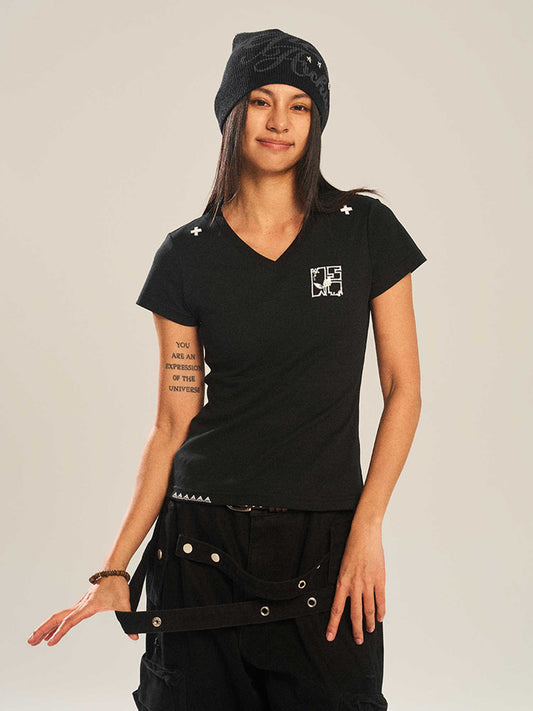 New Summer Sequin Lines All-match V-neck Slim-fit Short-sleeved