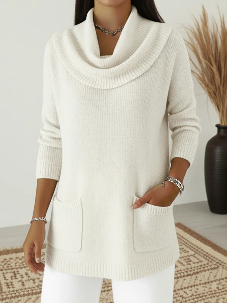 Solid-color Pocketed Long-sleeve Sweater