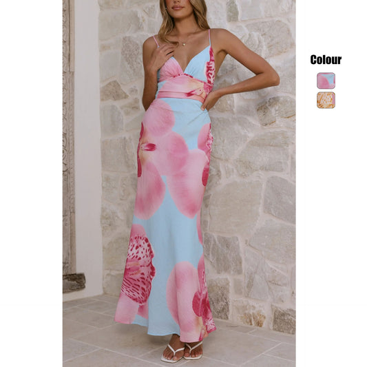 Printed Mid-Waist V-Neck Slip Dress For Women