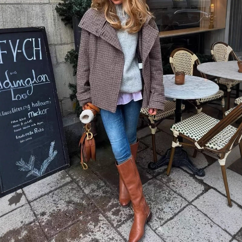 British-style Women's Wool Coat With Stand-up Collar And Plaid