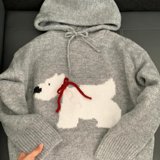 Gray Puppy Hooded Women's New Cute Sweater Autumn Winter