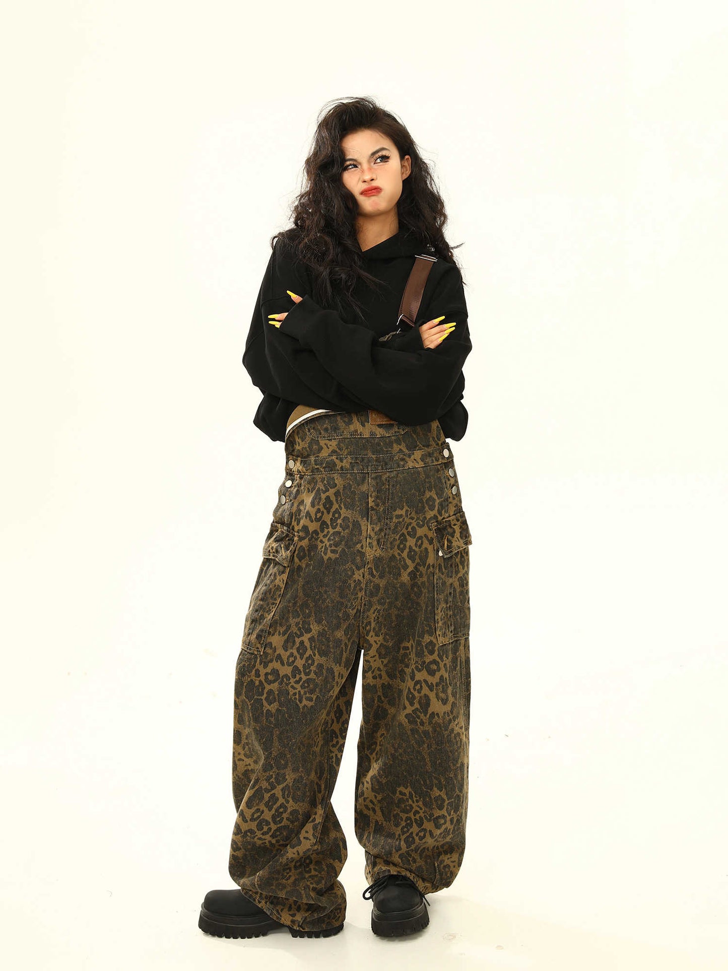 Leopard Print Cargo Pocket Suspender Pants Loose Wide Leg Jeans