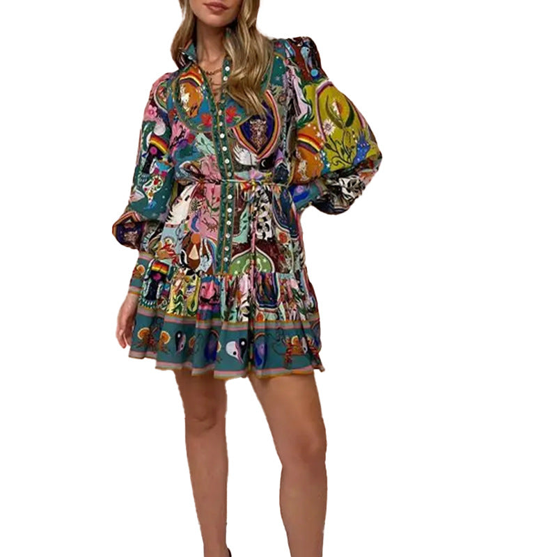 Vintage Pleated Dress With A Printed Round Neck Fitted Waist And Tie Closure