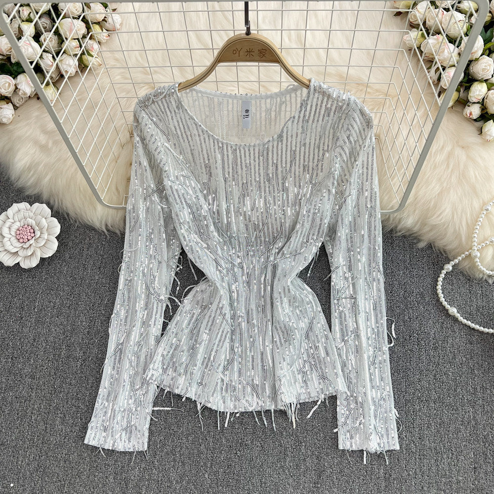 Womens Casual Loose Top With Round Neck Tassels And Sequins