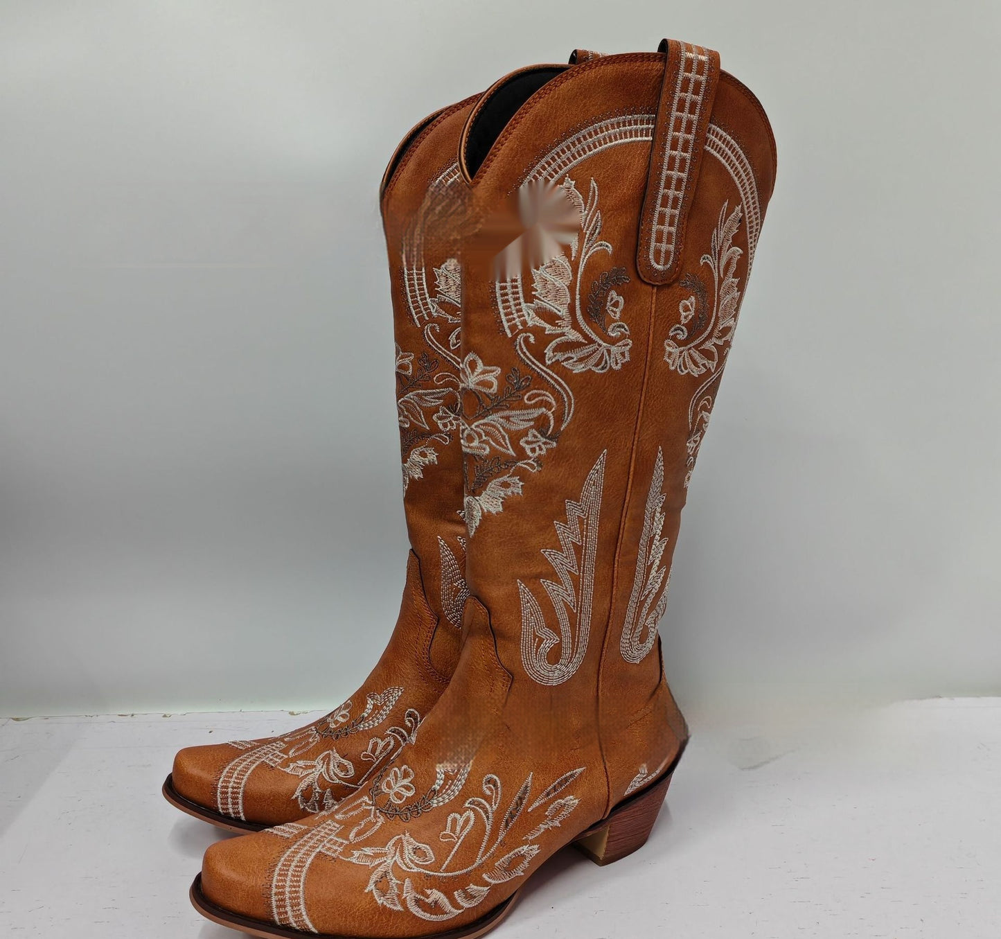 Embroidered Rhinestone Thick High Heel Side Zipper High-top Boots
