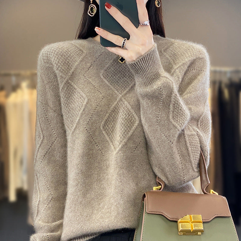 All-matching Western Style Women's Pullover Top Sweater Solid Color Round Neck Rhombus Hollow Out Sweater