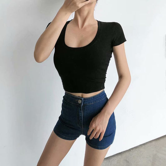 Women's Low-cut U-neck Slim Fit Short Sleeved T-shirt