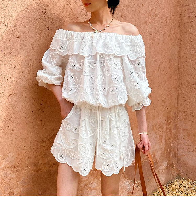Off-Shoulder Top And Womens Long-Sleeve Hollow-Out Shorts Set