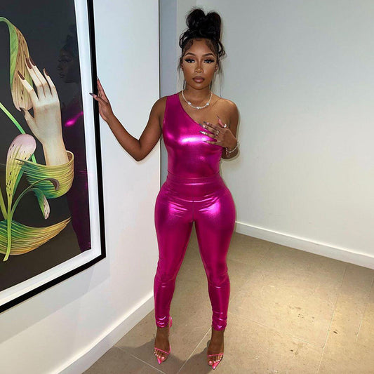 Summer Womens Sexy Glossy One-shoulder Outfit