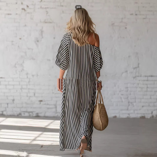 Printed Elegant Classic Striped Off-Shoulder Long Dress