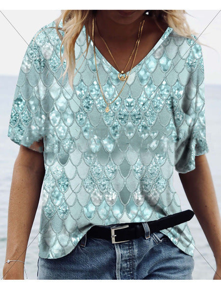 3D Printed Loose V Neck Short Sleeve T Shirt Top