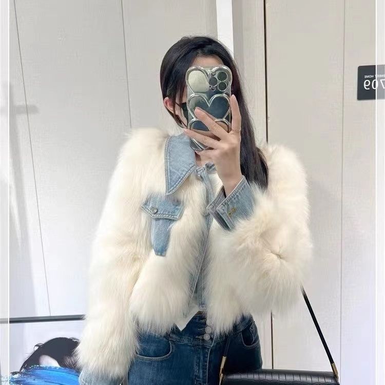 Womens Denim Patchwork Faux Fur Short Coat