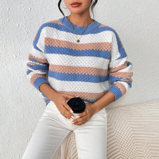 Autumn And Winter Round Neck Long Sleeve Striped Loose Casual Sweater