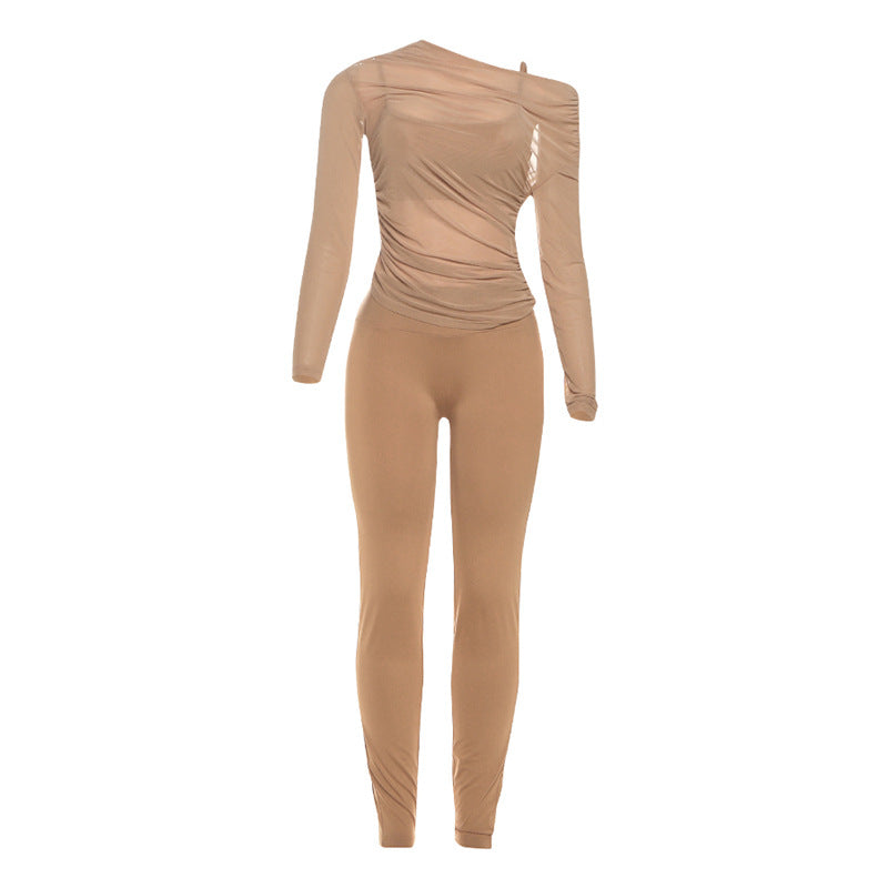 Women's Sexy Sheer Top, Spaghetti Strap Vest And High-waisted Slim Pants Three-piece Set