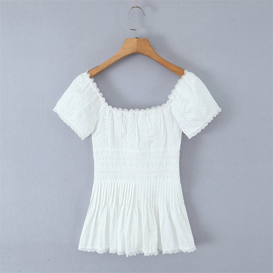 Fransk Raffineret Håndlavet Blonde Slank Pasform Patchwork Plisseret Lille Top