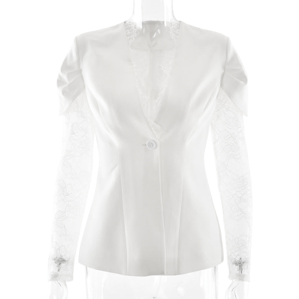 Womens Lace-Panel Single-Buckle Blazer