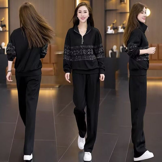 Half-zip Hoodie With Long Sleeves Paired With Wide-leg Pants