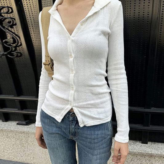 Casual Simple Slim-fit Single-breasted Cardigan Polo Collar Long Sleeve T-shirt