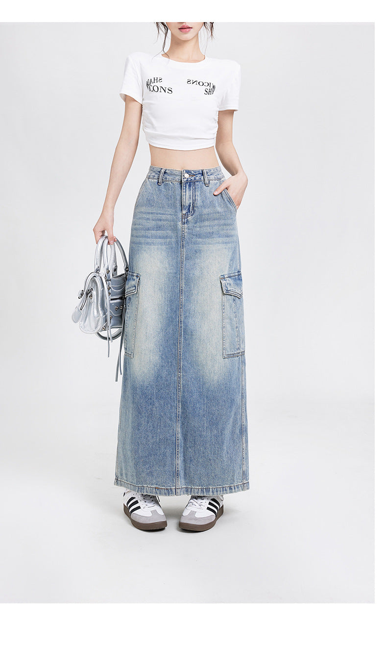 Women's A- Line Denim Skirt Fashion Wash Long Skirt