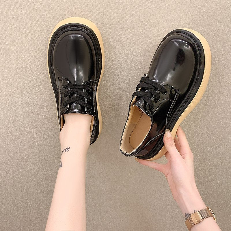 British Style Small Leather Shoes Women's Spring New Patent Leather Lace-up Platform Shallow Mouth Single Shoes Loafers