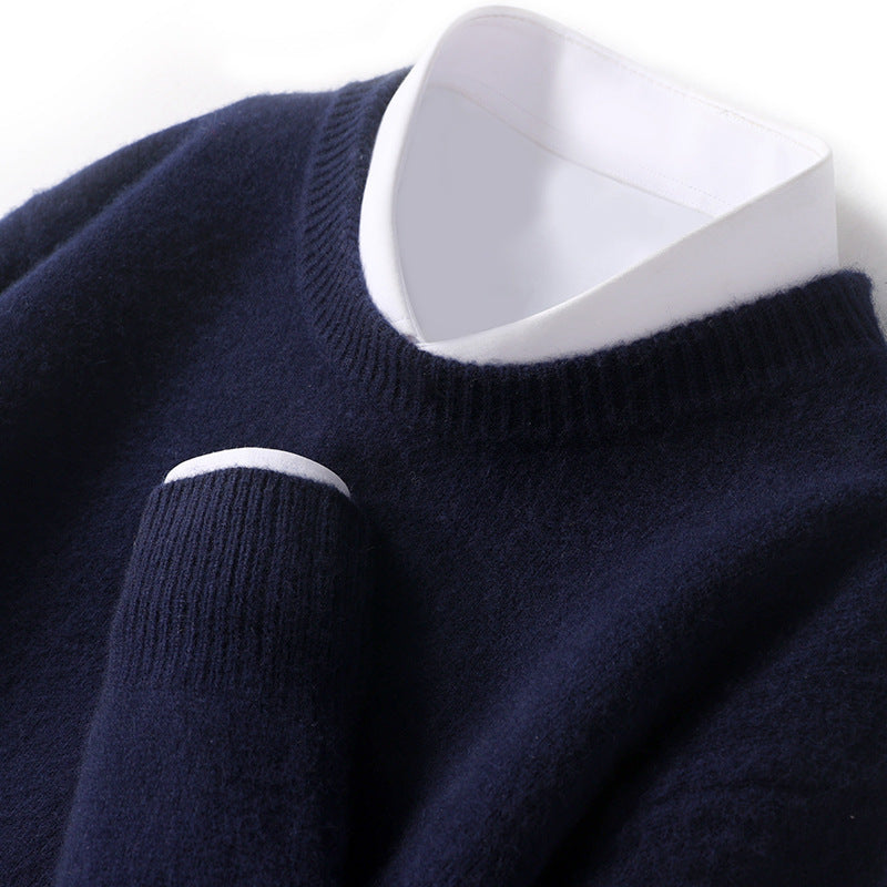 Mænds tykke pullover fåreuldssweater løs rundhals ensfarvet sweater