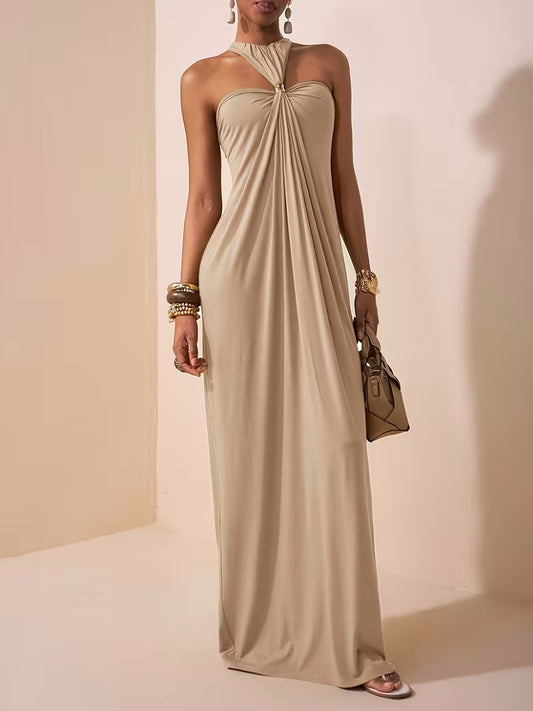 Womens Solid-Colored Halterneck Sleeveless Backless Slim-Fit Dress