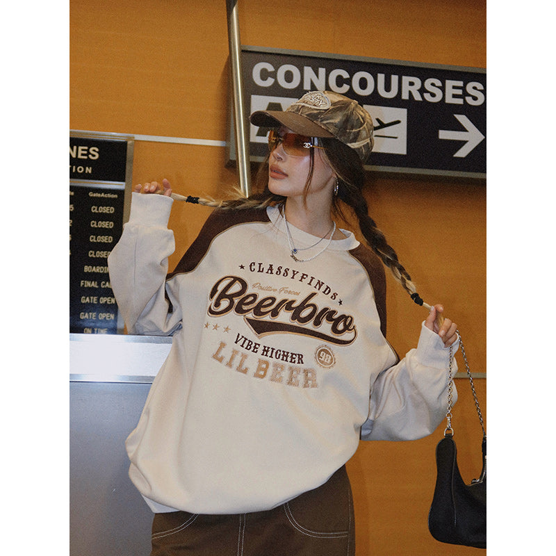 American Retro Street Color Contrast Stitching Sweater Women