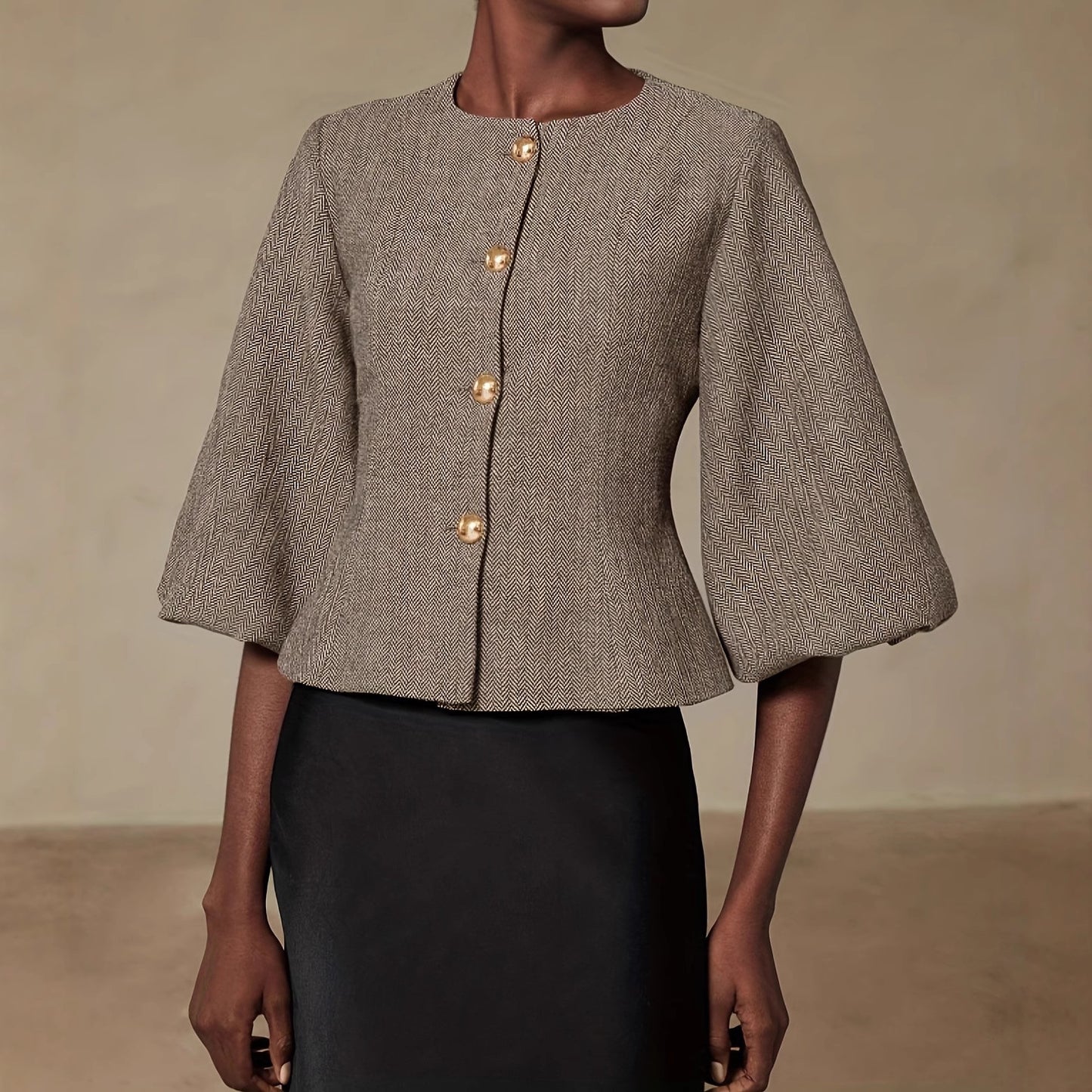 Best-selling Vintage Beige Belted Blazer With Balloon Sleeves