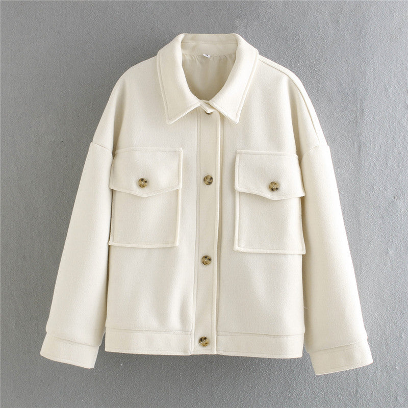 European And American Style Pockets With Dropped Shoulder Stitched Long-sleeved Knit Jacket