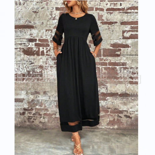 Womens Half-Sleeve Mesh Crew-Neck Patchwork Pocket Dress