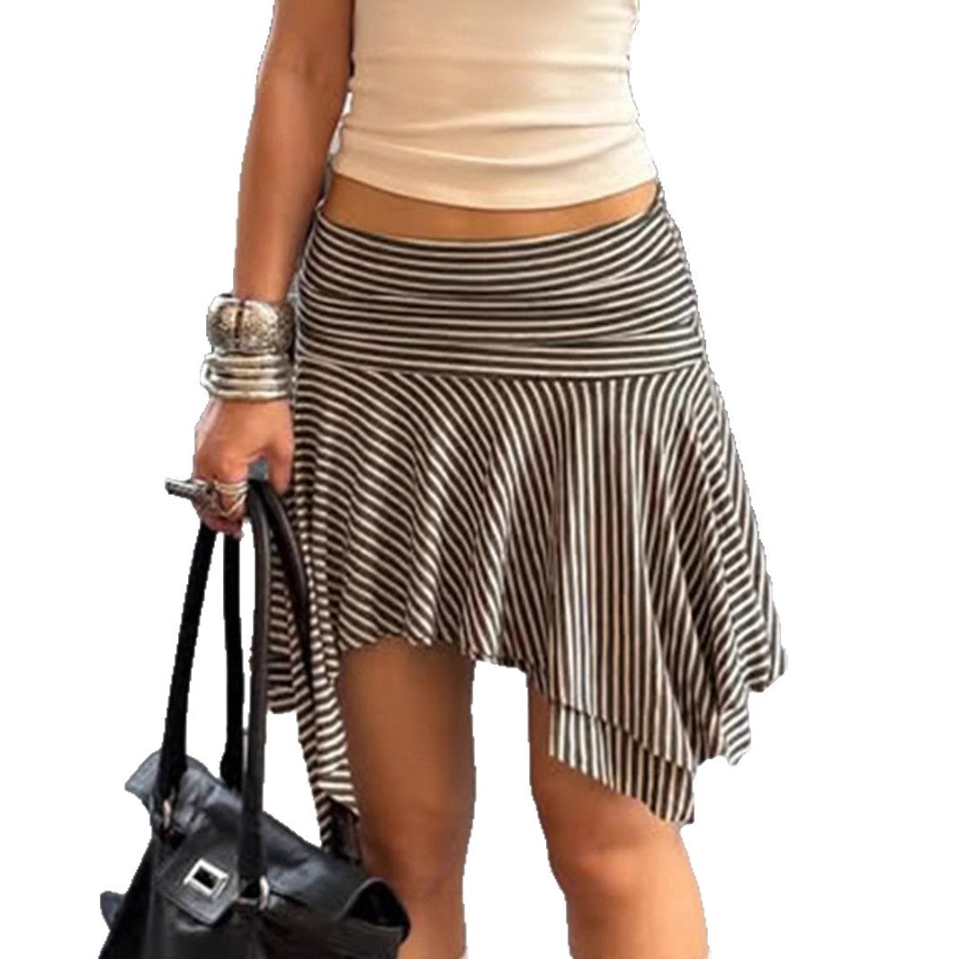 Fashion Hot Girl Street Style Short Striped Asymmetric Skirt Summer