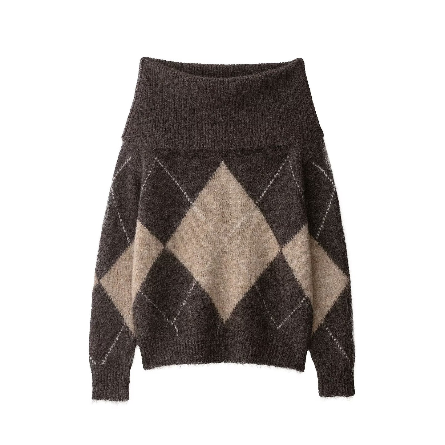 Off-shoulder Rhombus Jacquard Knitted Sweater For Women