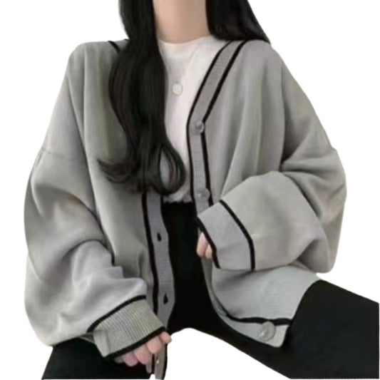 Contrast Color V-neck Knitted Cardigan Sweater Coat