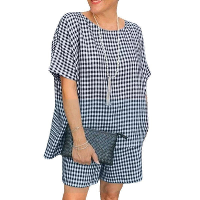 Casual Check Crew Neck Short Sleeve Shorts
