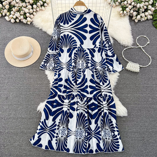 Summer Women's Retro Flared Long Sleeve V-neck Printed Dress