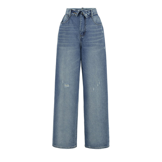 Niche High-waisted Wide-leg Pants With A Curled Hem For Women