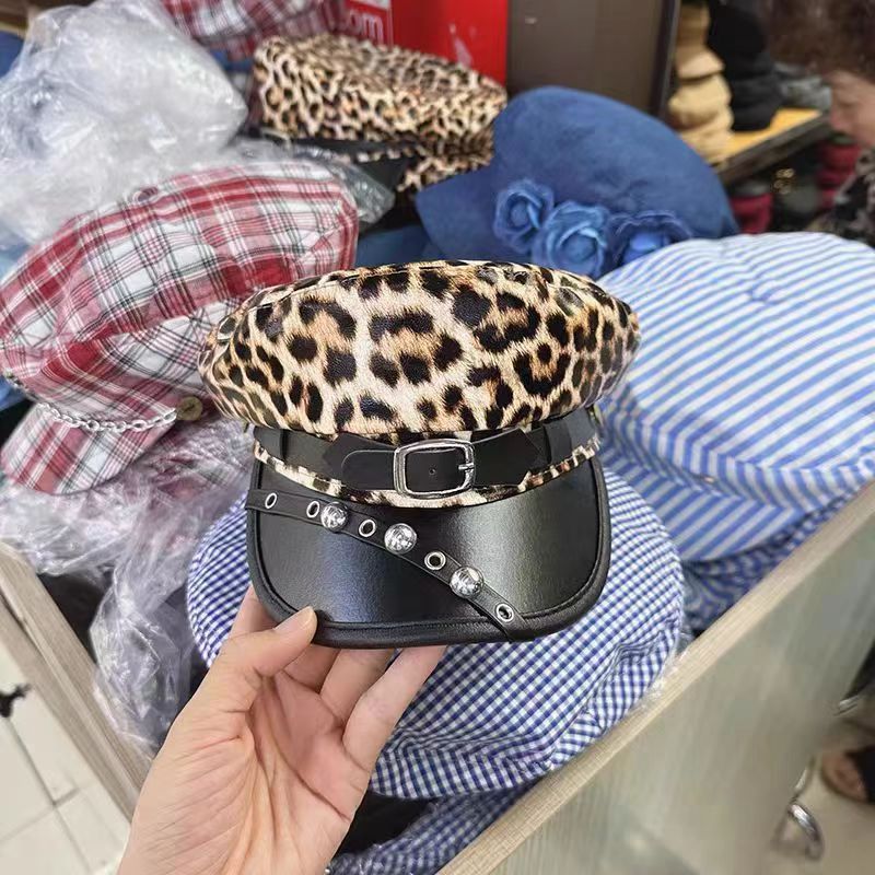 Spicy Girl Leopard-Print Nightclub Leather-Clasp Subculture Octagonal Hat