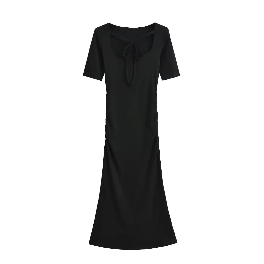 Square Neck Tie-waist Pleated Short Sleeve Dress