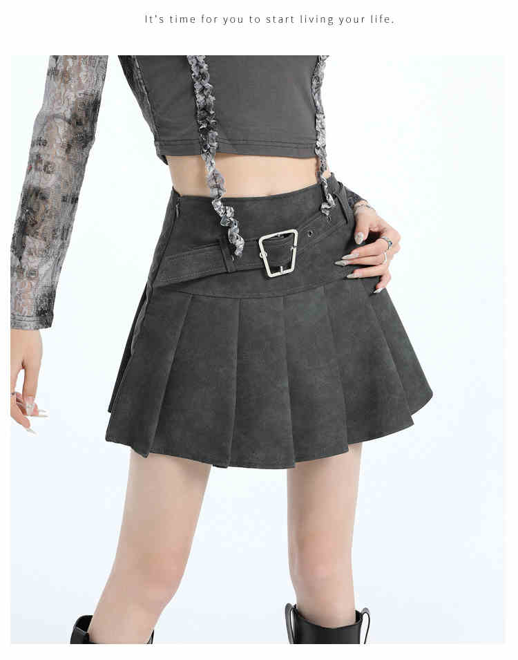 PU Leather Skirt High Waist Slimming A- Line Pleated Skirt
