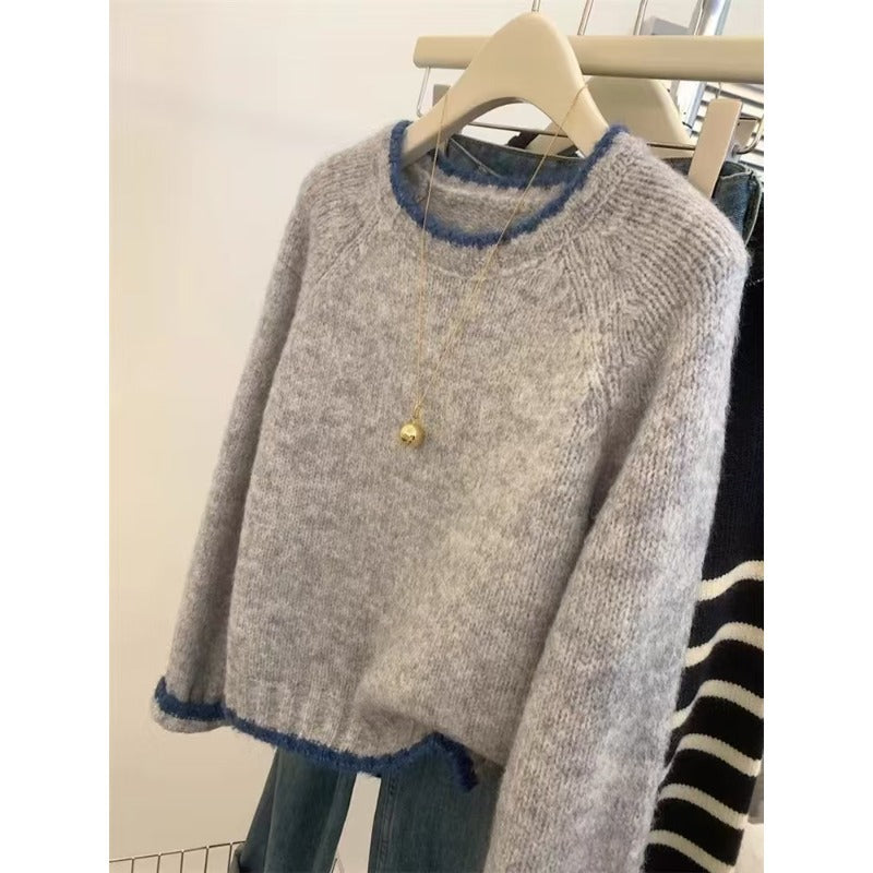 Contrast Color Knitted Collar Round Neck Sweater