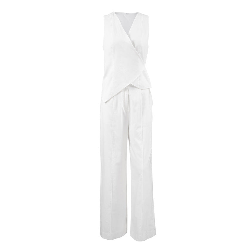 French Style White Linen Vest Suit For Commuting